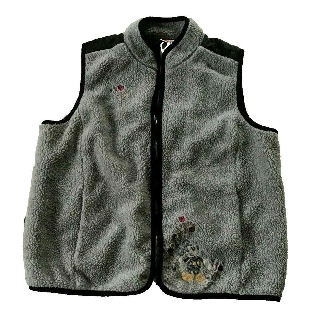 Mickey Mouse Vest Disney Store Women XL Fleece Gray Black Quilt Embroidered Vtg